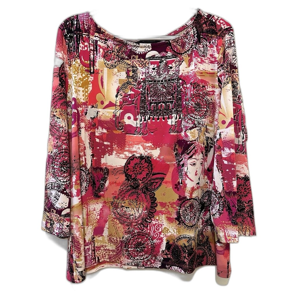 Investments XL Boho Abstract Print Top – Pink Gold Multicolor Stretch Knit